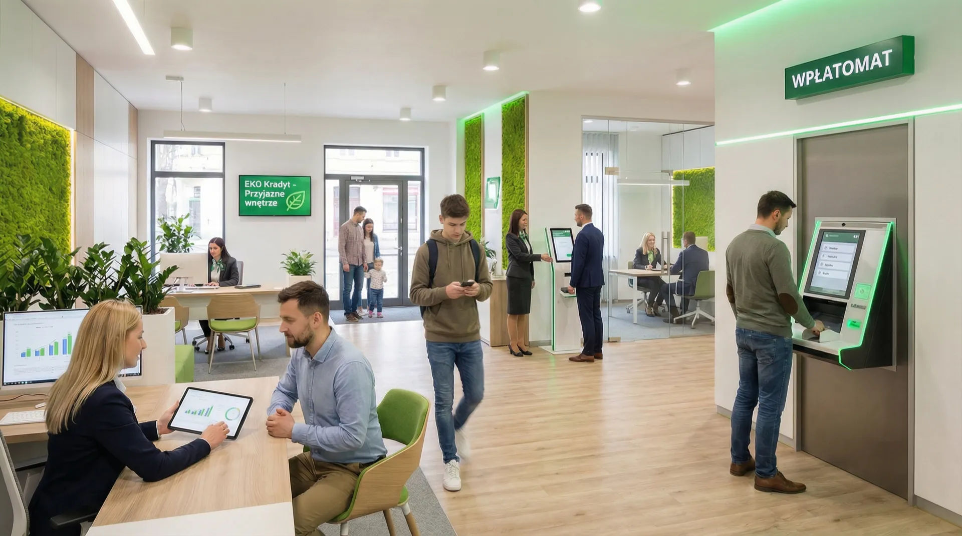 Nowoczesna placówka bankowa — widok ogólny z wpłatomatem